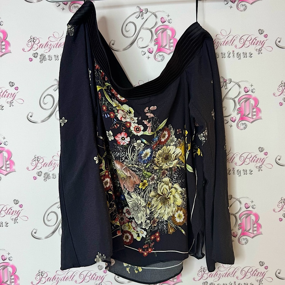 Zara Black Floral Blouse off shoulder flowers flowy top shirt long sleeves